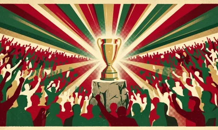 Gelmiş geçmiş en iyi futbolcular temalı vintage poster: ışıyan altın kupa ve tribünde coşan taraftarlar