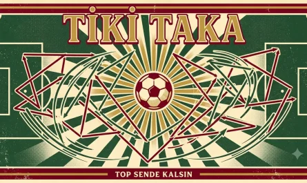 Tiki taka vintage İtalyan futbol afişi: merkez top ve kısa pas üçgenleri ağı