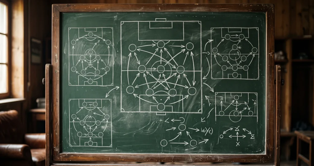 Üzerinde futbol dizilişleri ve pas şemaları çizili taktik panosu